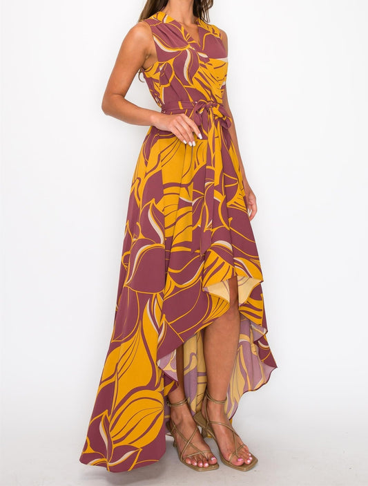 LEAF PRINT HIGH LOW DRESS