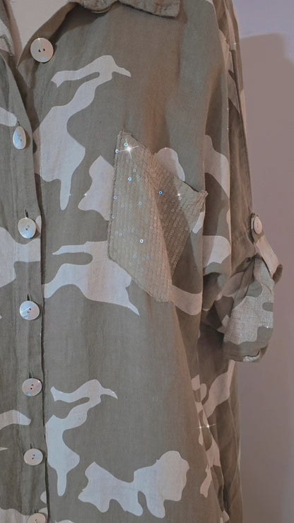 Adela Puro Lino Green Camo Dress