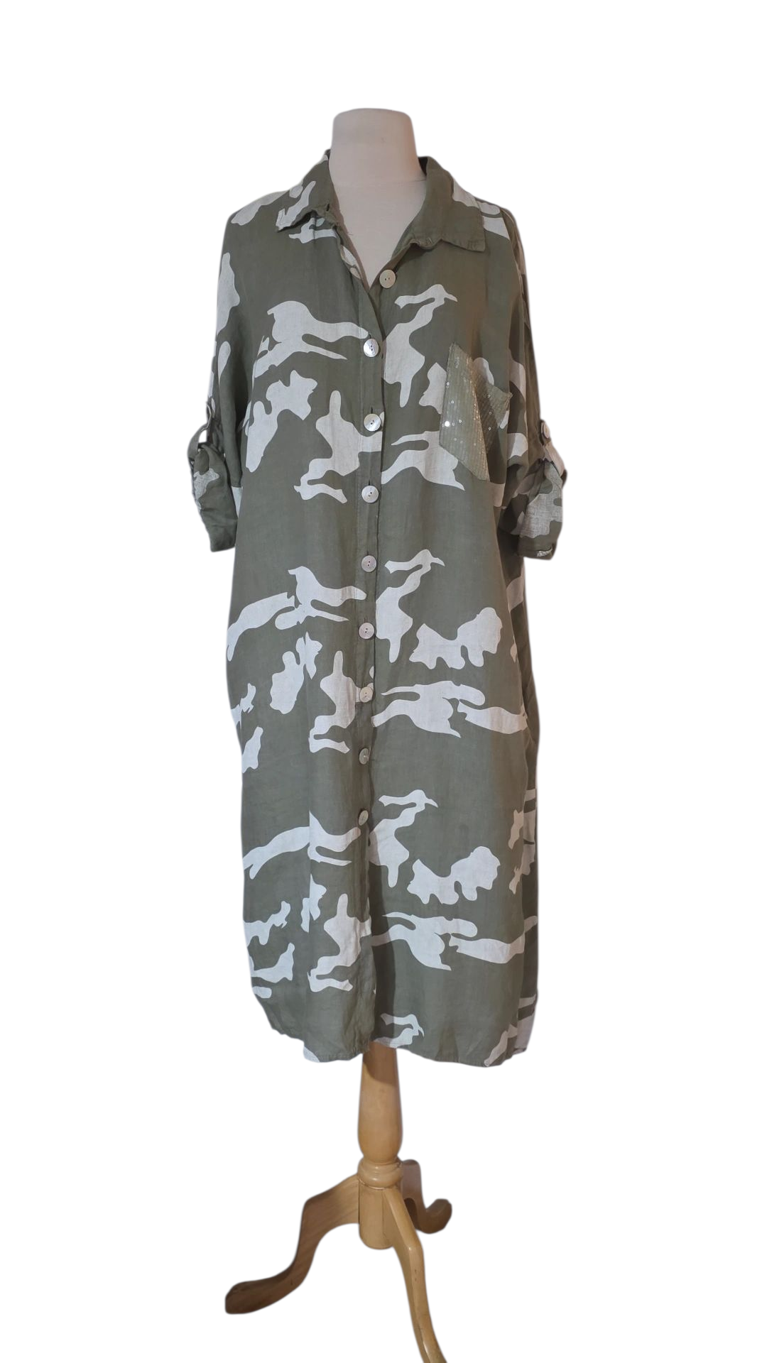 Adela Puro Lino Green Camo Dress