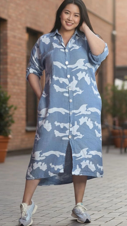 Adela Puro Lino Green Camo Dress