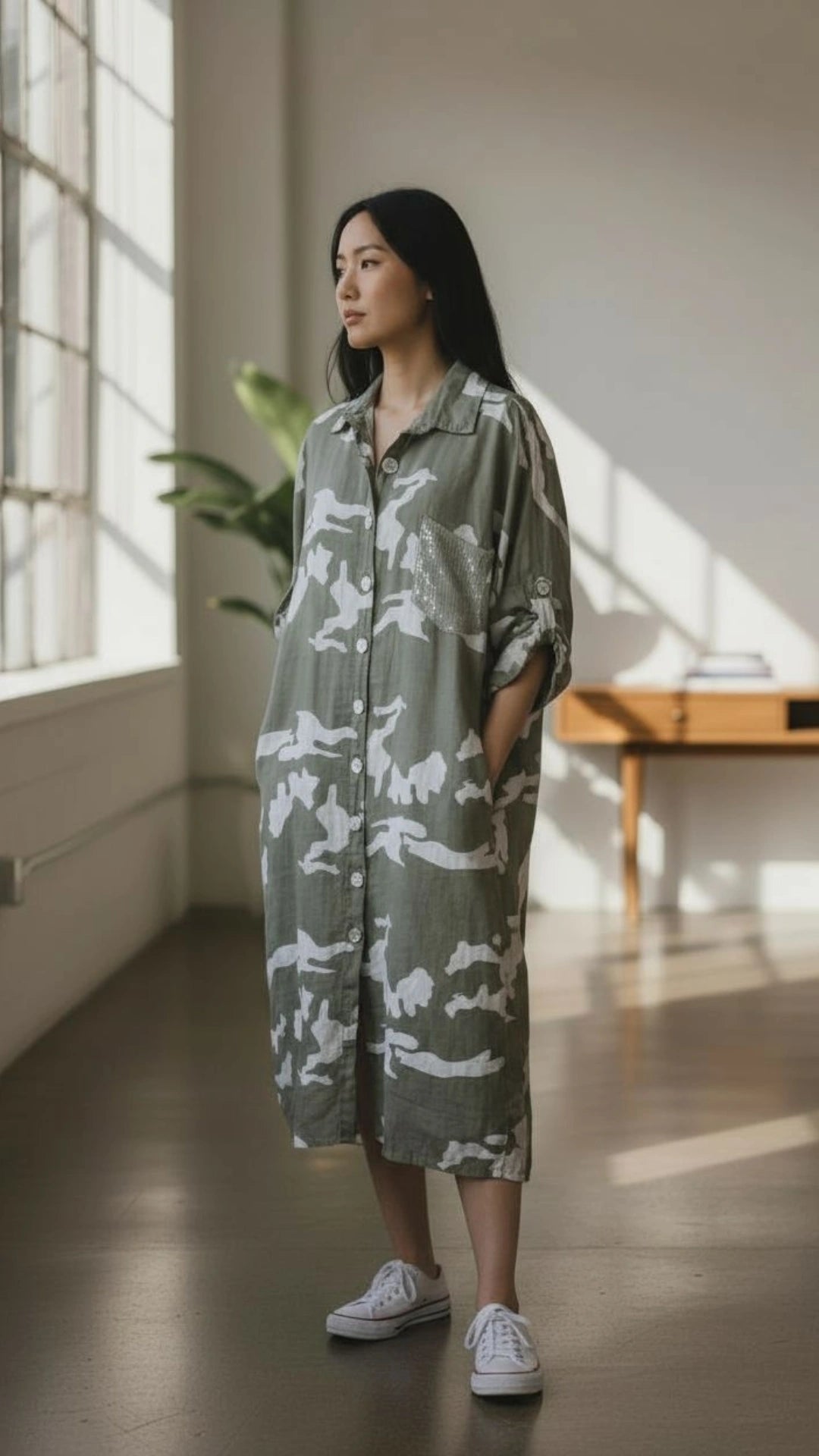 Adela Puro Lino Green Camo Dress