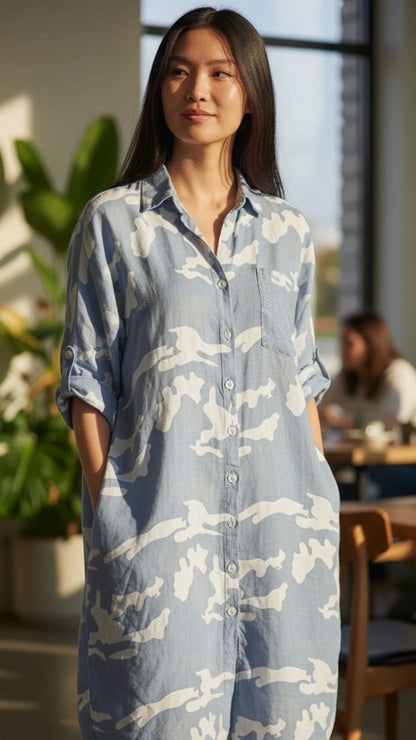 Adela Puro Lino Green Camo Dress