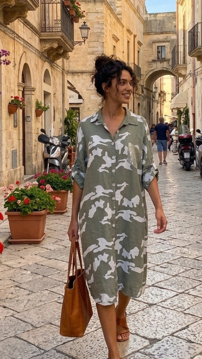 Adela Puro Lino Green Camo Dress
