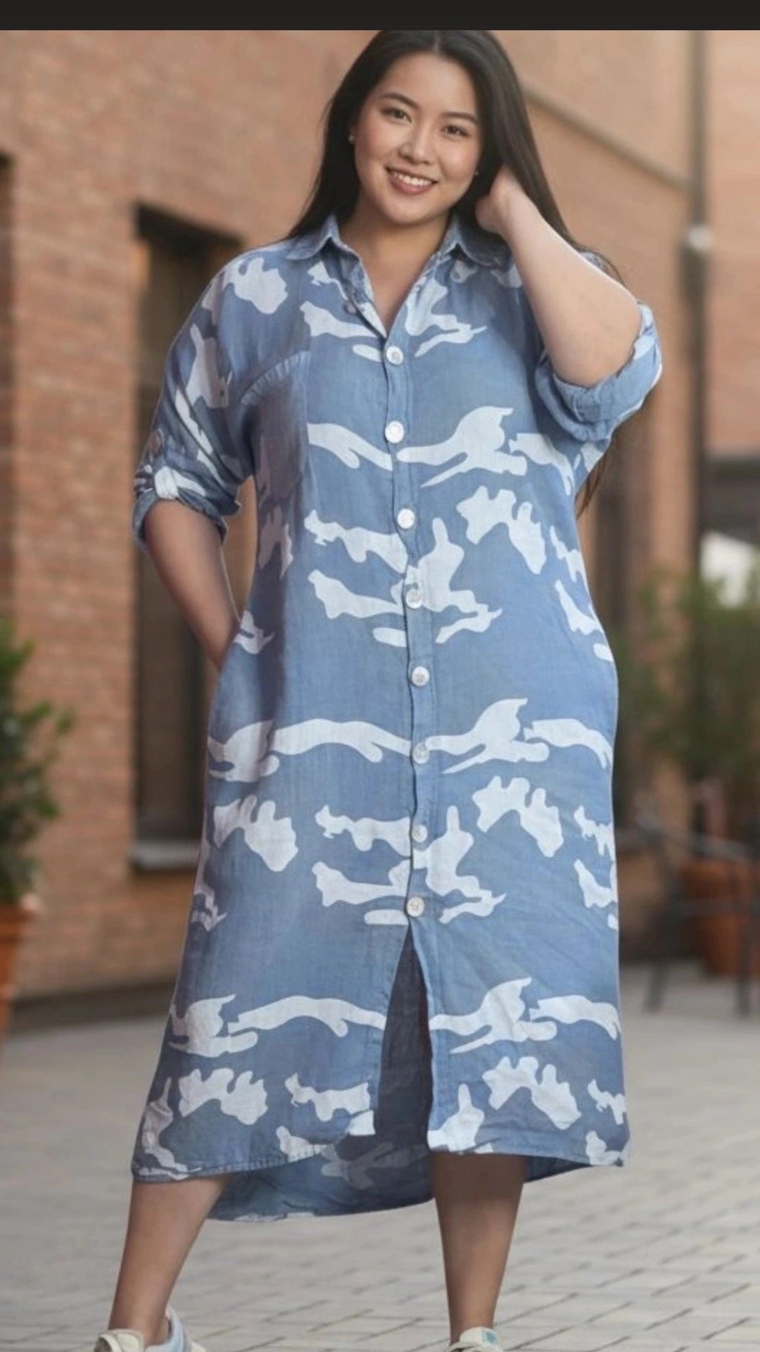 Adela Puro Lino Green Camo Dress