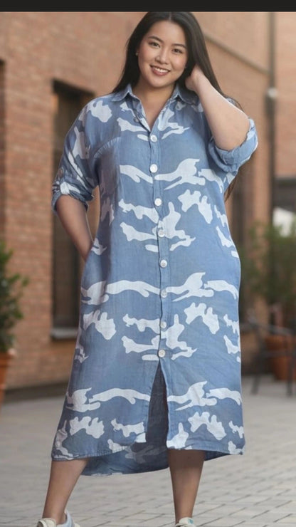 Adela Puro Lino Green Camo Dress